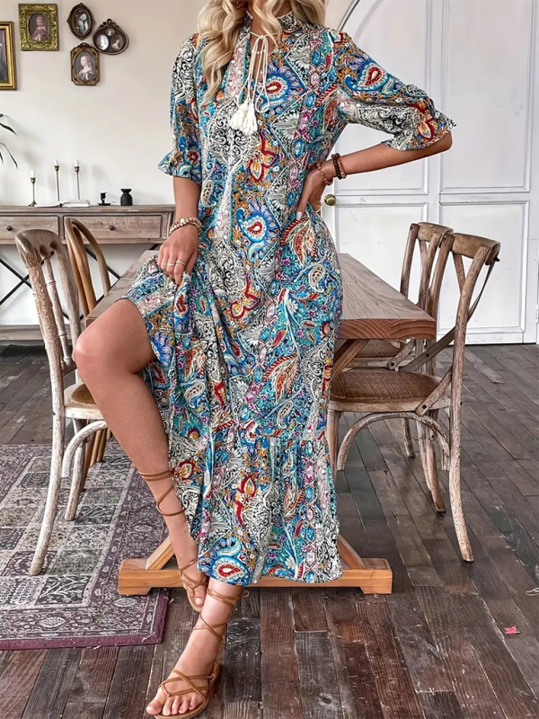 Boho Dresses- Casual Boho Paisley V-Neck Dress with Elbow Sleeves for Family Gatherings- - IndioGear.com