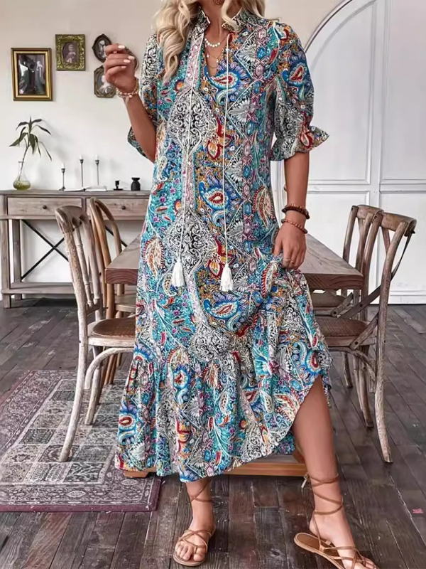 Boho Dresses- Casual Boho Paisley V-Neck Dress with Elbow Sleeves for Family Gatherings- - IndioGear.com