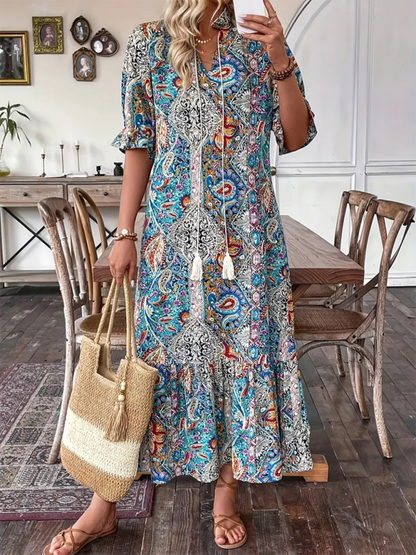 Boho Dresses- Casual Boho Paisley V-Neck Dress with Elbow Sleeves for Family Gatherings- Blue- IndioGear.com