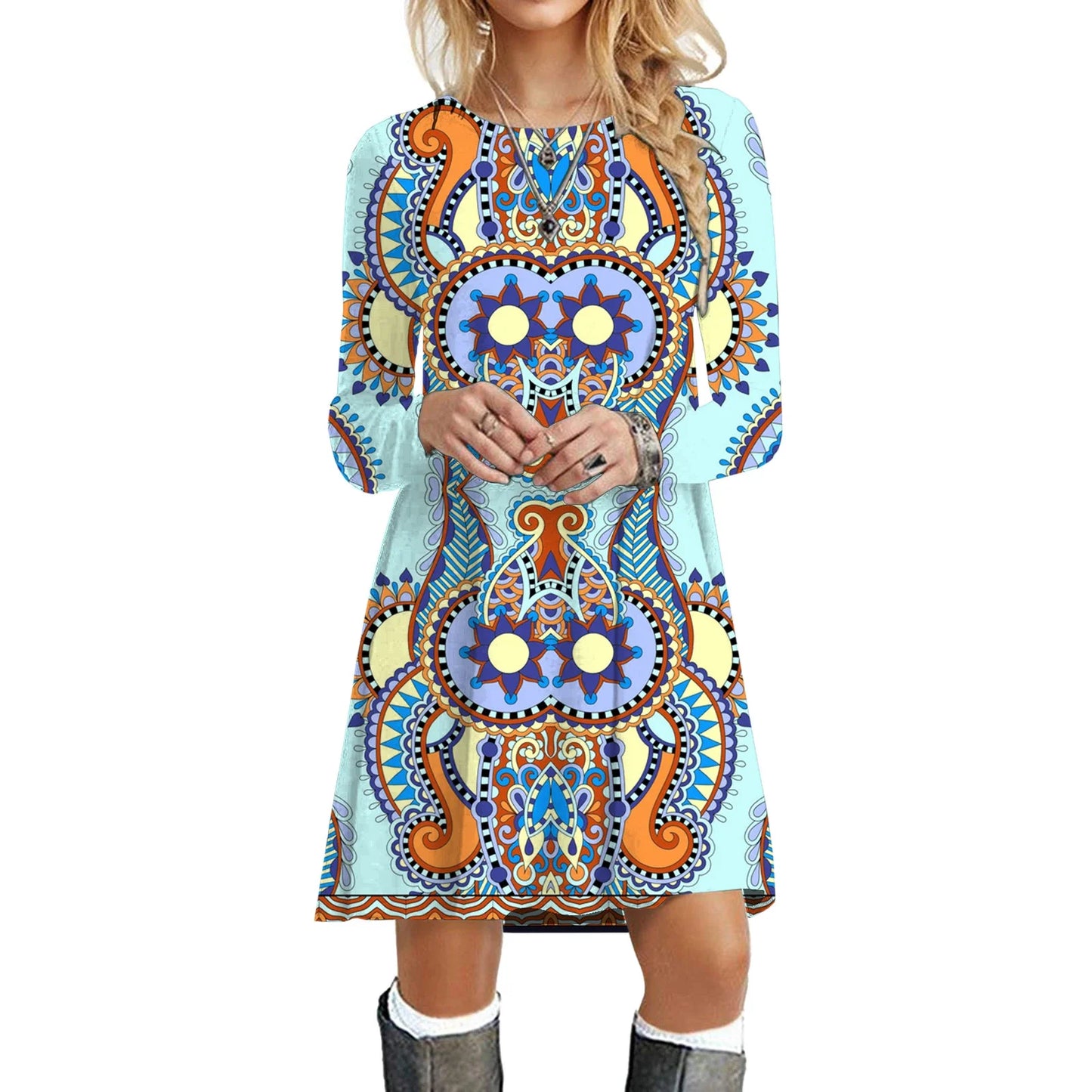 Boho Dresses- Ethnic Retro Long Sleeve Boho Print Mini Dress for Art Festivals- Pattern9- IndioGear.com