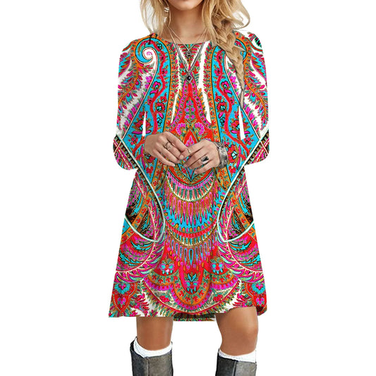 Boho Dresses- Ethnic Retro Long Sleeve Boho Print Mini Dress for Art Festivals- Pattern10- IndioGear.com