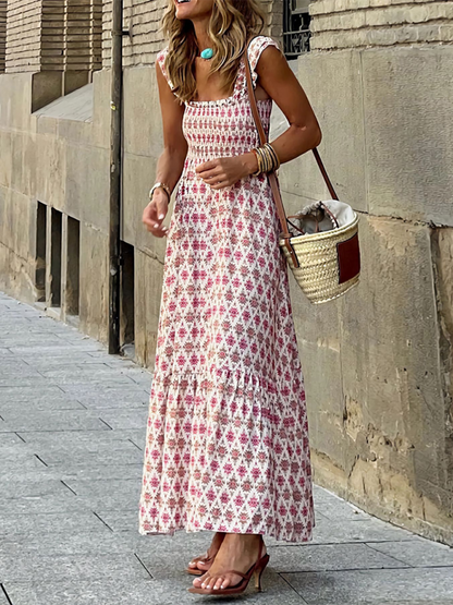 Boho Dresses- Garden Women's Boho Floral Maxi Dress with Smocked Cami Top- Pink- IndioGear Fashion and Gear