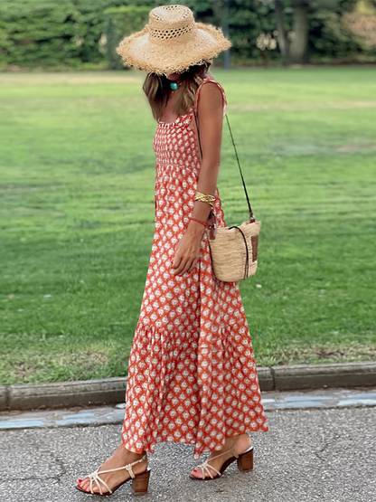 Boho Dresses- Garden Women's Boho Floral Maxi Dress with Smocked Cami Top- - IndioGear Fashion and Gear