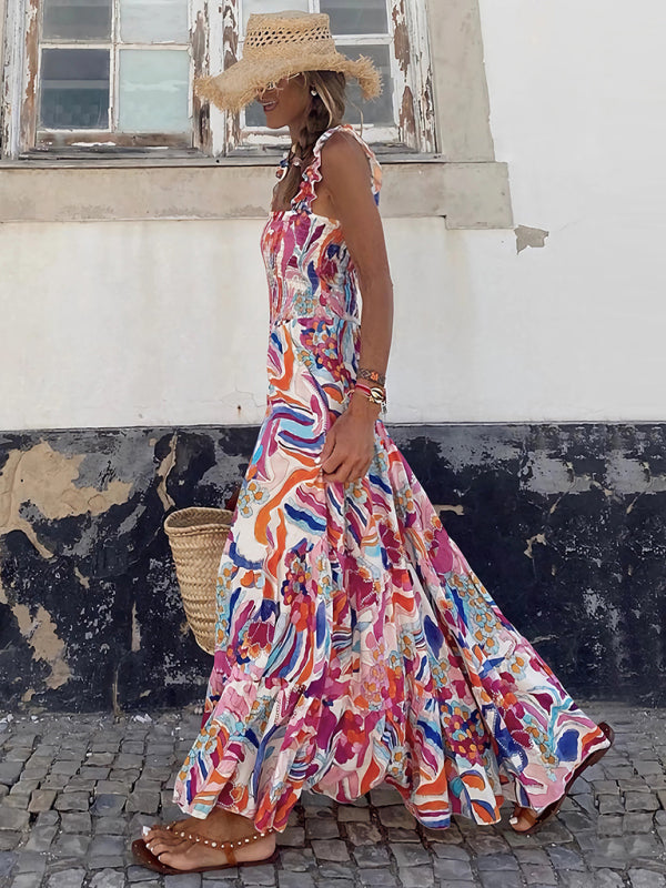 Boho Dresses- Garden Women's Boho Floral Maxi Dress with Smocked Cami Top- - IndioGear Fashion and Gear