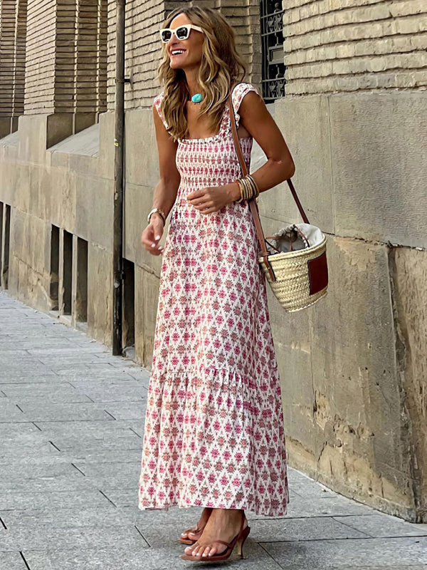 Boho Dresses- Garden Women's Boho Floral Maxi Dress with Smocked Cami Top- - IndioGear Fashion and Gear