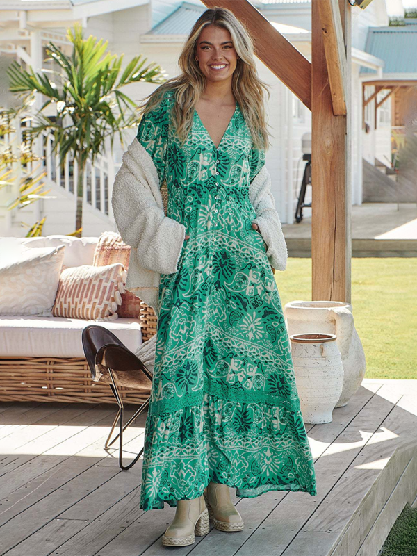 Boho Dresses- Women’s Flowing Boho Floral Maxi Dress with Button Details- - IndioGear.com