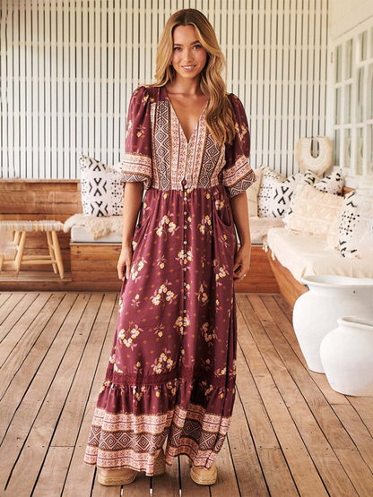 Boho Dresses- Women’s Flowing Boho Floral Maxi Dress with Button Details- - IndioGear.com