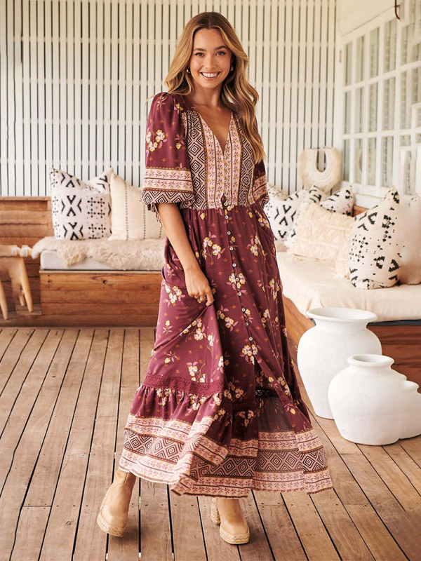 Boho Dresses- Women’s Flowing Boho Floral Maxi Dress with Button Details- Wine Red- IndioGear.com