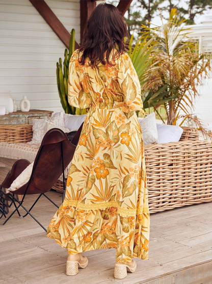 Boho Dresses- Women’s Flowing Boho Floral Maxi Dress with Button Details- - IndioGear.com