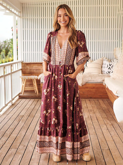 Boho Dresses- Women’s Flowing Boho Floral Maxi Dress with Button Details- - IndioGear.com