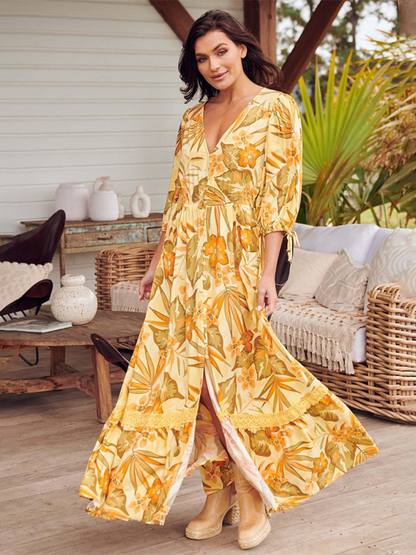 Boho Dresses- Women’s Flowing Boho Floral Maxi Dress with Button Details- - IndioGear.com