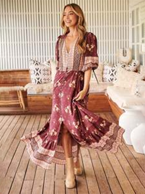 Boho Dresses- Women’s Flowing Boho Floral Maxi Dress with Button Details- - IndioGear.com