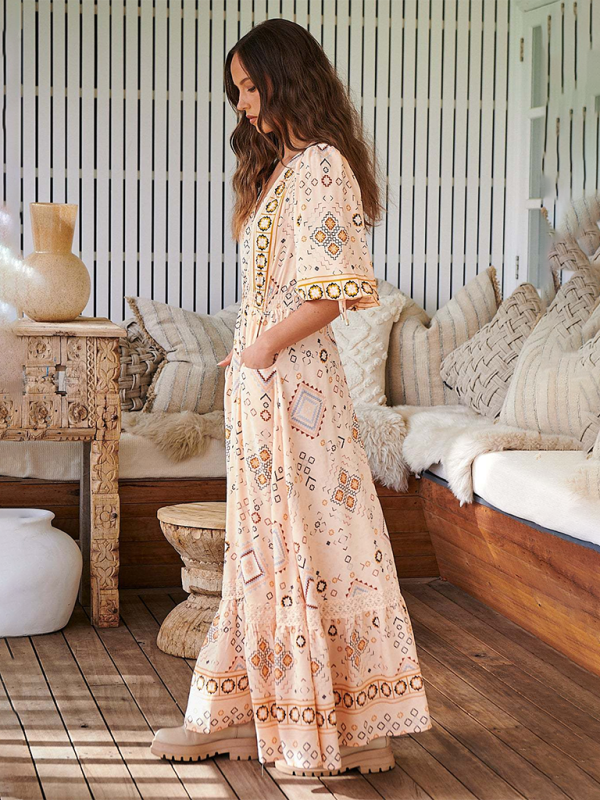 Boho Dresses- Women’s Flowing Boho Floral Maxi Dress with Button Details- - IndioGear.com