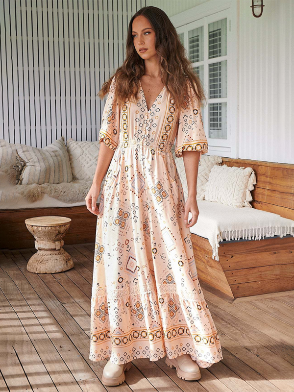 Boho Dresses- Women’s Flowing Boho Floral Maxi Dress with Button Details- - IndioGear.com