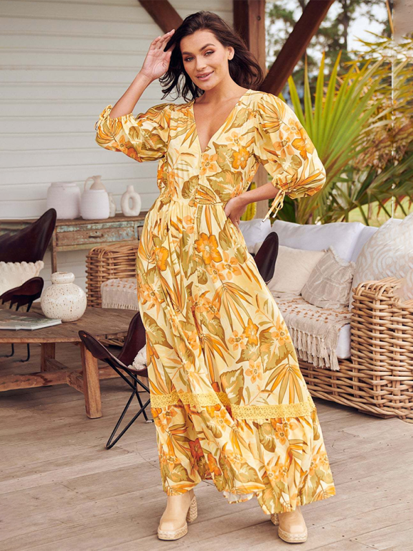 Boho Dresses- Women’s Flowing Boho Floral Maxi Dress with Button Details- Yellow- IndioGear.com