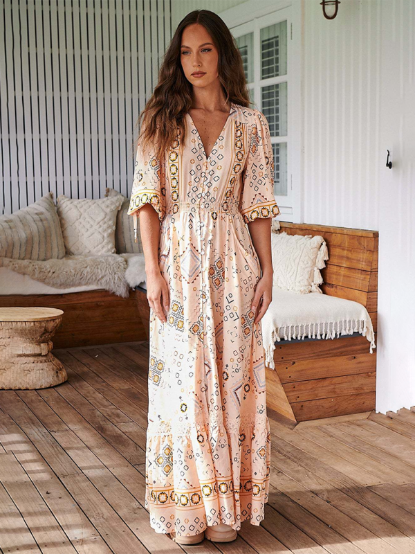 Boho Dresses- Women’s Flowing Boho Floral Maxi Dress with Button Details- - IndioGear.com