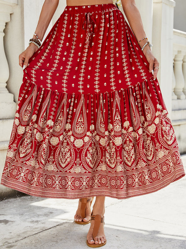 Boho Midi Dresses- Gold Patterned Boho Midi Skirt for Summer- - IndioGear Women Clothing