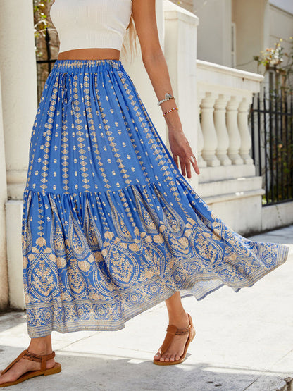 Boho Midi Dresses- Gold Patterned Boho Midi Skirt for Summer- - IndioGear Women Clothing