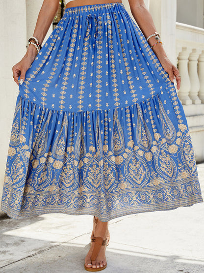 Boho Midi Dresses- Gold Patterned Boho Midi Skirt for Summer- - IndioGear Women Clothing