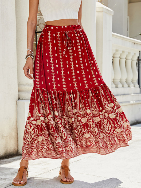 Boho Midi Dresses- Gold Patterned Boho Midi Skirt for Summer- - IndioGear Women Clothing