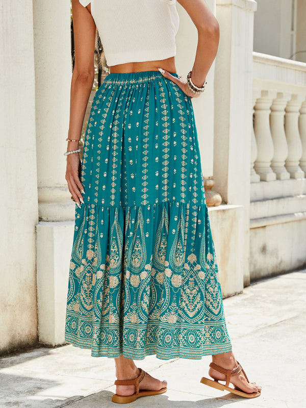 Boho Midi Dresses- Gold Patterned Boho Midi Skirt for Summer- - IndioGear Women Clothing