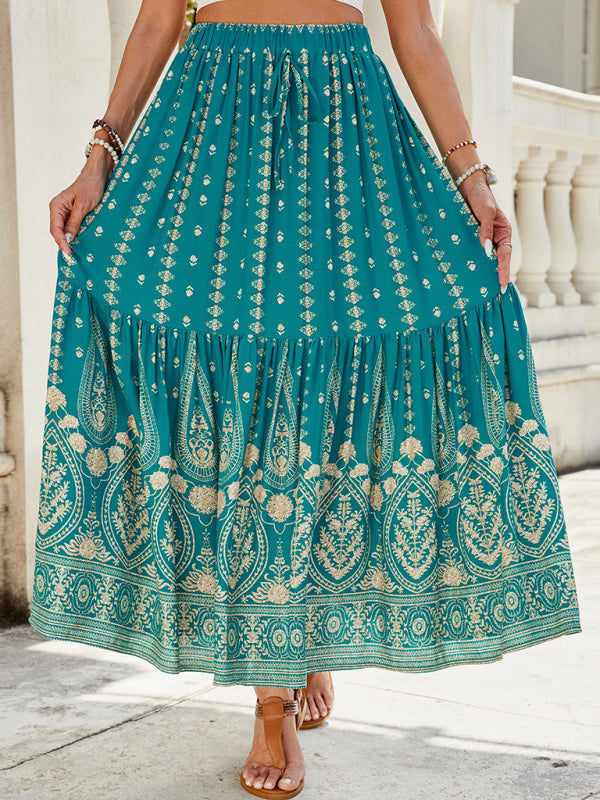 Boho Midi Dresses- Gold Patterned Boho Midi Skirt for Summer- - IndioGear Women Clothing