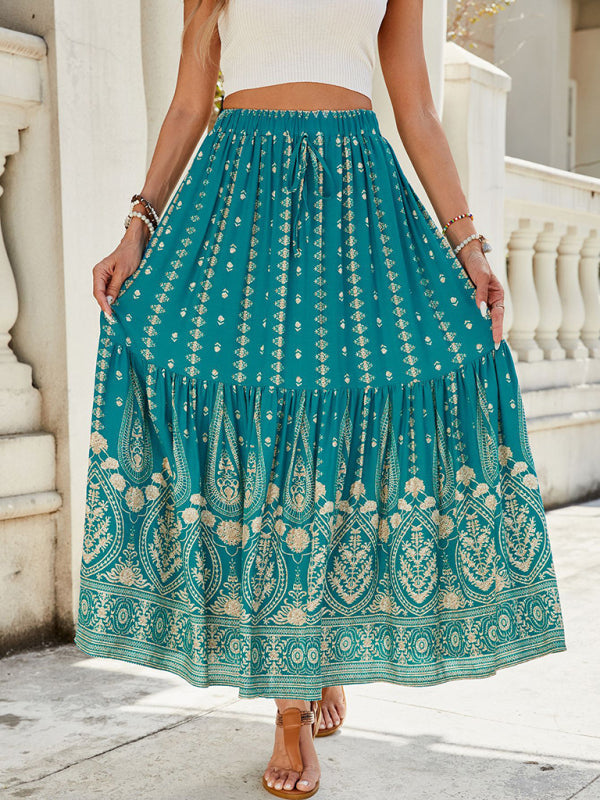 Boho Midi Dresses- Gold Patterned Boho Midi Skirt for Summer- - IndioGear Women Clothing