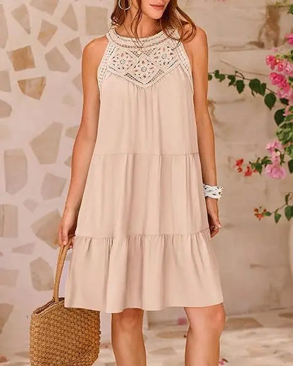 Boho Mini dresses- Crochet Lace Neckline Sleeveless Tent Mini Dress- - IndioGear.com