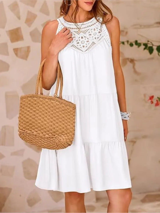 Boho Mini dresses- Crochet Lace Neckline Sleeveless Tent Mini Dress- - IndioGear.com