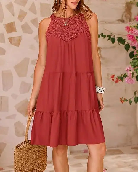 Boho Mini dresses- Crochet Lace Neckline Sleeveless Tent Mini Dress- - IndioGear.com