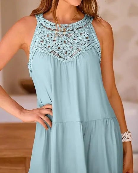 Boho Mini dresses- Crochet Lace Neckline Sleeveless Tent Mini Dress- - IndioGear.com