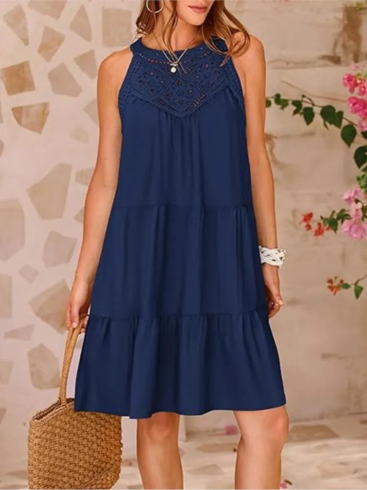 Boho Mini dresses- Crochet Lace Neckline Sleeveless Tent Mini Dress- Navy Blue- IndioGear.com