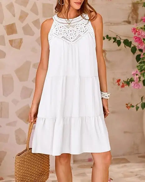 Boho Mini dresses- Crochet Lace Neckline Sleeveless Tent Mini Dress- - IndioGear.com