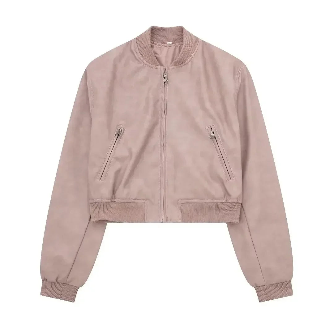 Bomber Jackets- Aviator Leatherette Jacket Urban Suede Bomber- Pink- IndioGear.com