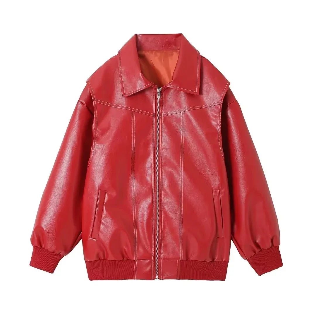 Bomber Jackets- Red Faux Leather Bomber Jacket for Women- Red- IndioGear.com