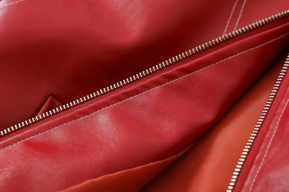 Bomber Jackets- Red Faux Leather Bomber Jacket for Women- - IndioGear.com