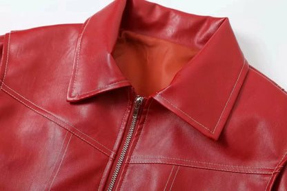 Bomber Jackets- Red Faux Leather Bomber Jacket for Women- - IndioGear.com