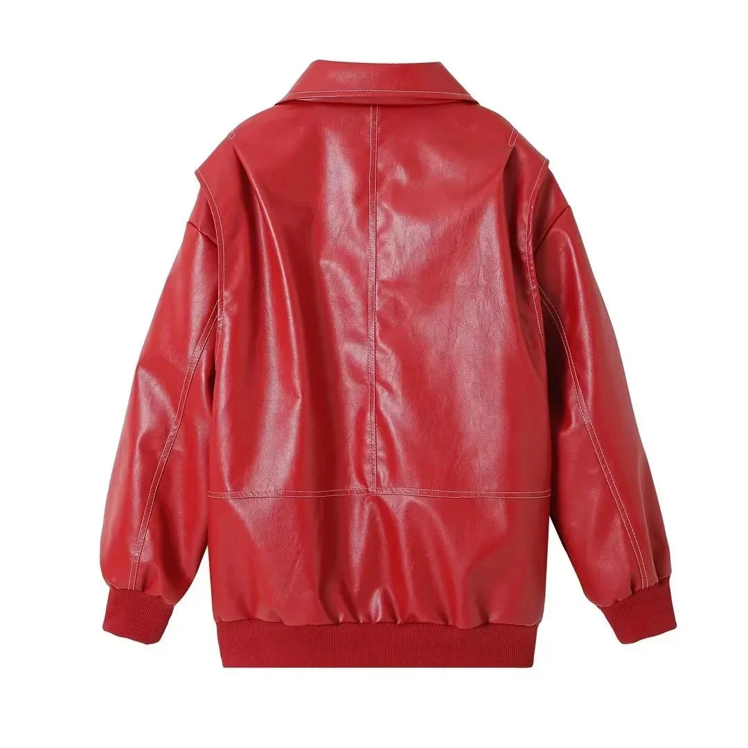 Bomber Jackets- Red Faux Leather Bomber Jacket for Women- - IndioGear.com