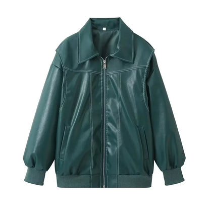 Bomber Jackets- Red Faux Leather Bomber Jacket for Women- Green- IndioGear.com