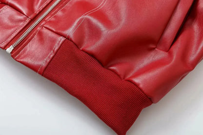 Bomber Jackets- Red Faux Leather Bomber Jacket for Women- - IndioGear.com