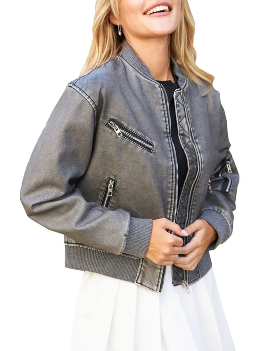 Bomber Jackets- Women Aviator Faux Leather Bomber Jacket- Gray- IndioGear.com