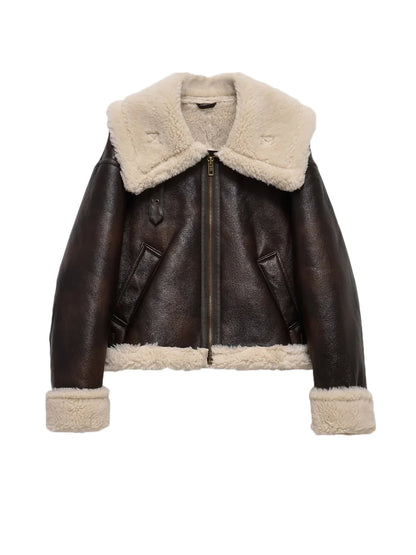 Bomber Jackets- Women Shearling-Lined Bomber - Cozy Faux Leather Jacket- Beige- IndioGear.com