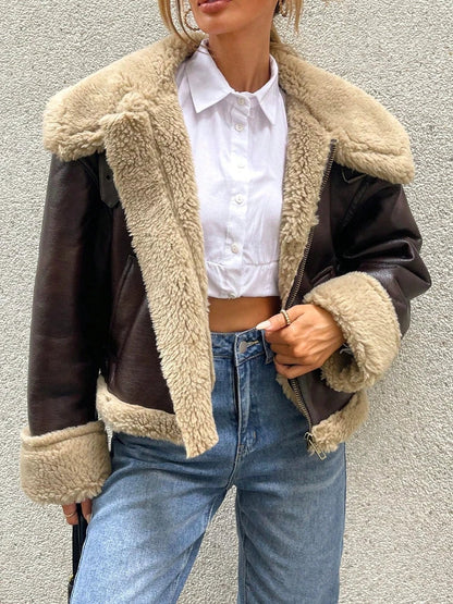 Bomber Jackets- Women Shearling-Lined Bomber - Cozy Faux Leather Jacket- - IndioGear.com