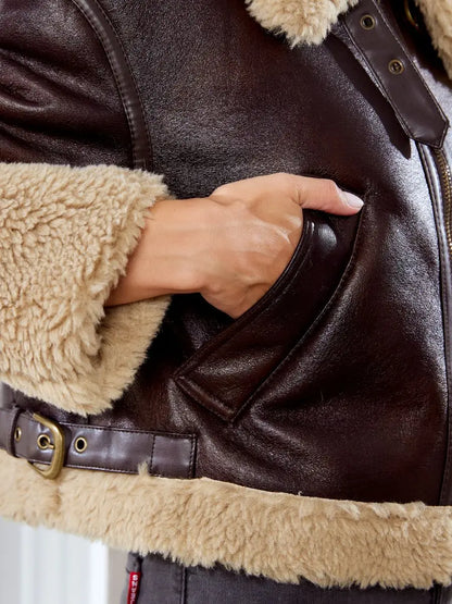 Bomber Jackets- Women Shearling-Lined Bomber - Cozy Faux Leather Jacket- - IndioGear.com