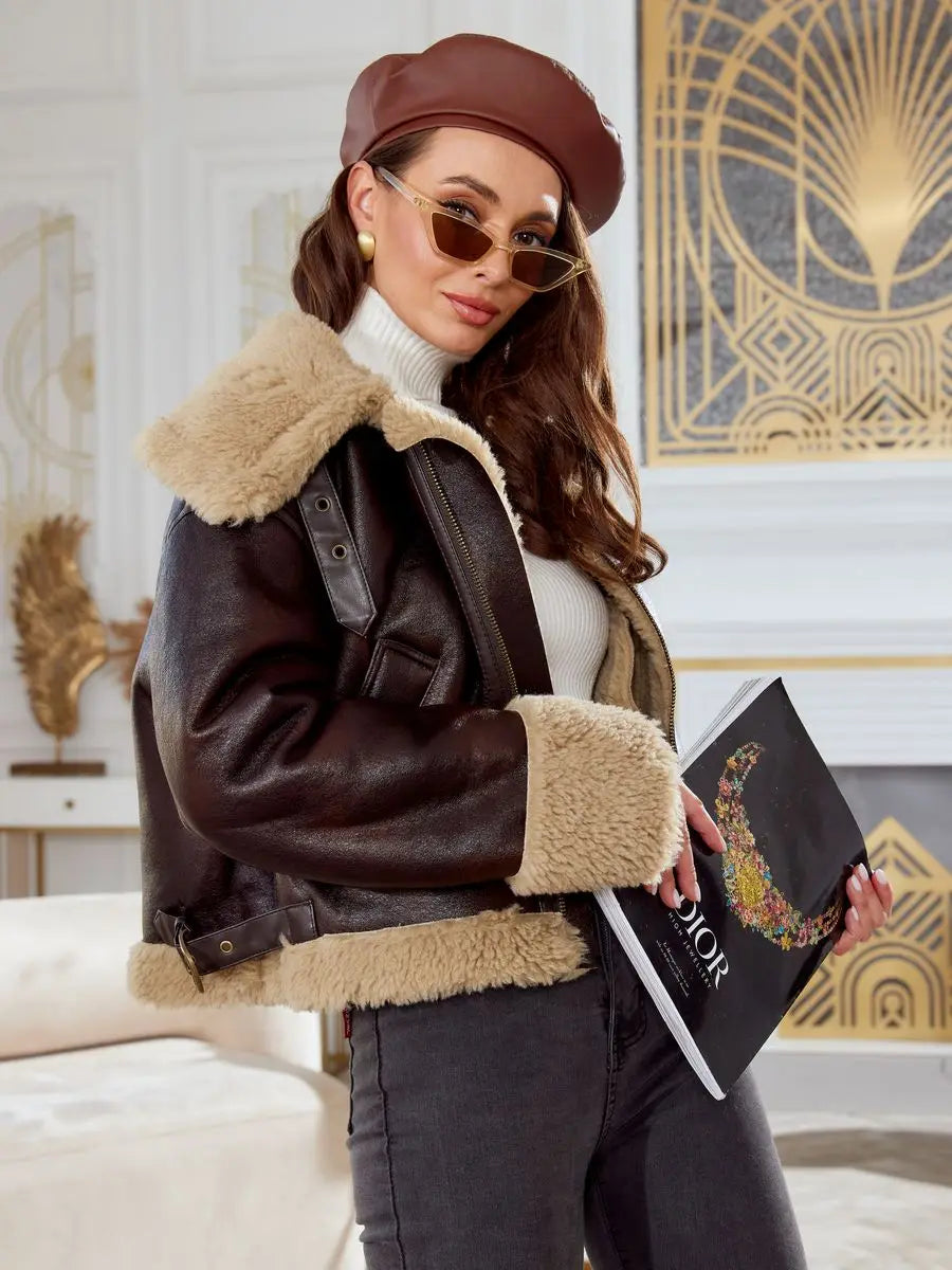 Bomber Jackets- Women Shearling-Lined Bomber - Cozy Faux Leather Jacket- - IndioGear.com