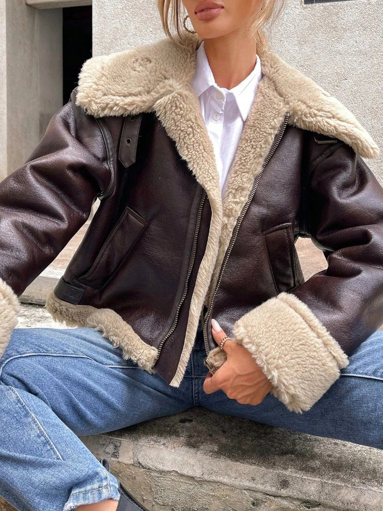 Bomber Jackets- Women Shearling-Lined Bomber - Cozy Faux Leather Jacket- - IndioGear.com