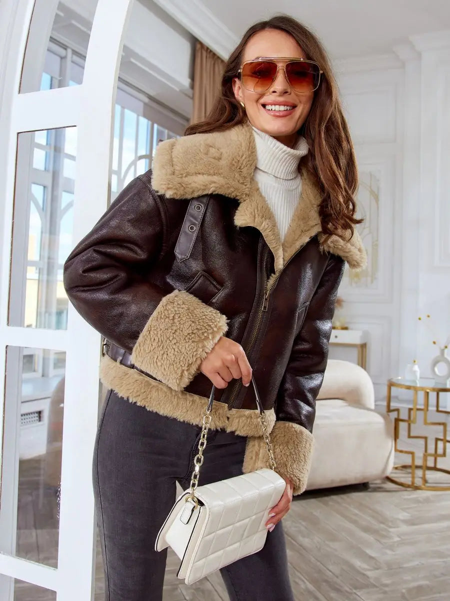 Bomber Jackets- Women Shearling-Lined Bomber - Cozy Faux Leather Jacket- - IndioGear.com