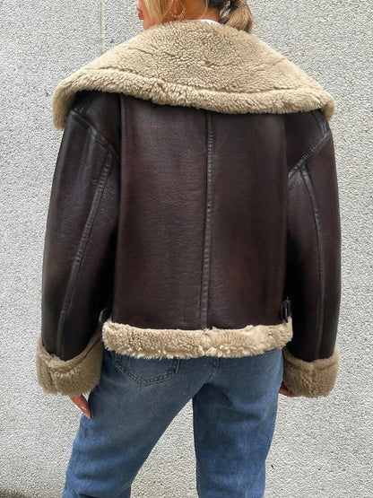 Bomber Jackets- Women Shearling-Lined Bomber - Cozy Faux Leather Jacket- - IndioGear.com