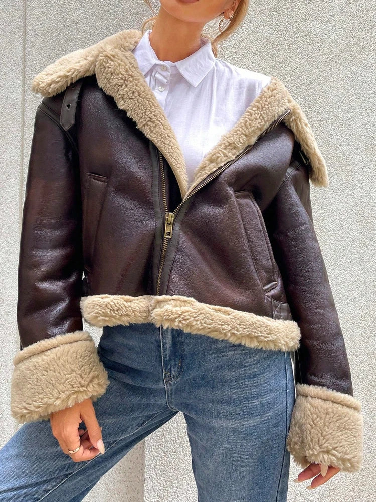 Bomber Jackets- Women Shearling-Lined Bomber - Cozy Faux Leather Jacket- - IndioGear.com