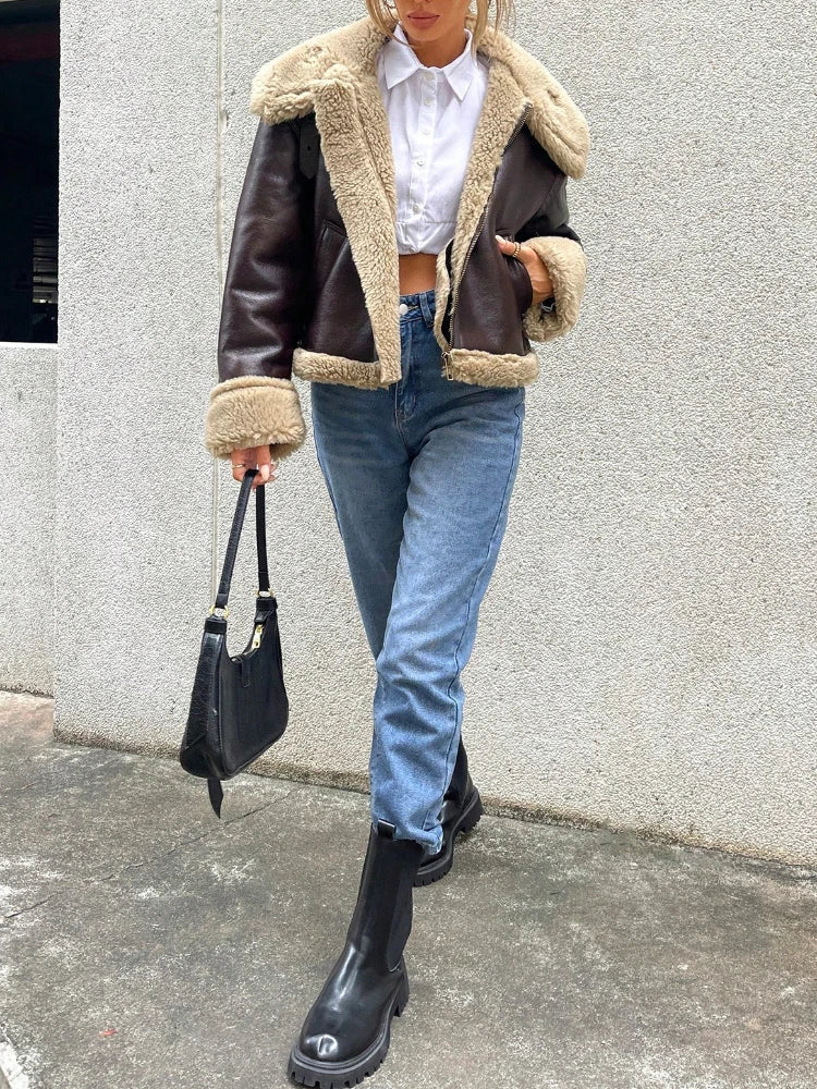 Bomber Jackets- Women Shearling-Lined Bomber - Cozy Faux Leather Jacket- - IndioGear.com